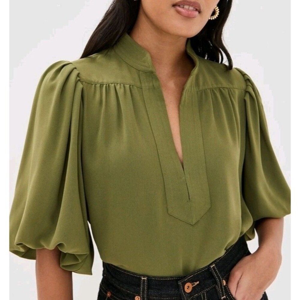 Figue Womens top Blouse Dani Olive Green Lantern Sleeve Split Neck Size S New